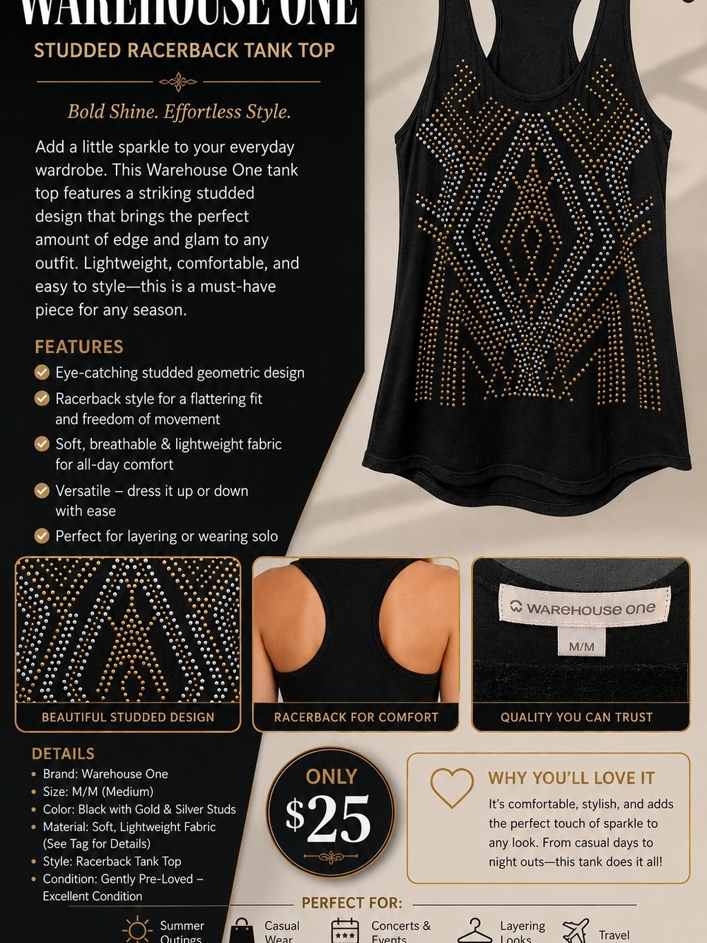 Warehouse Black Studded Racerback Tank Top